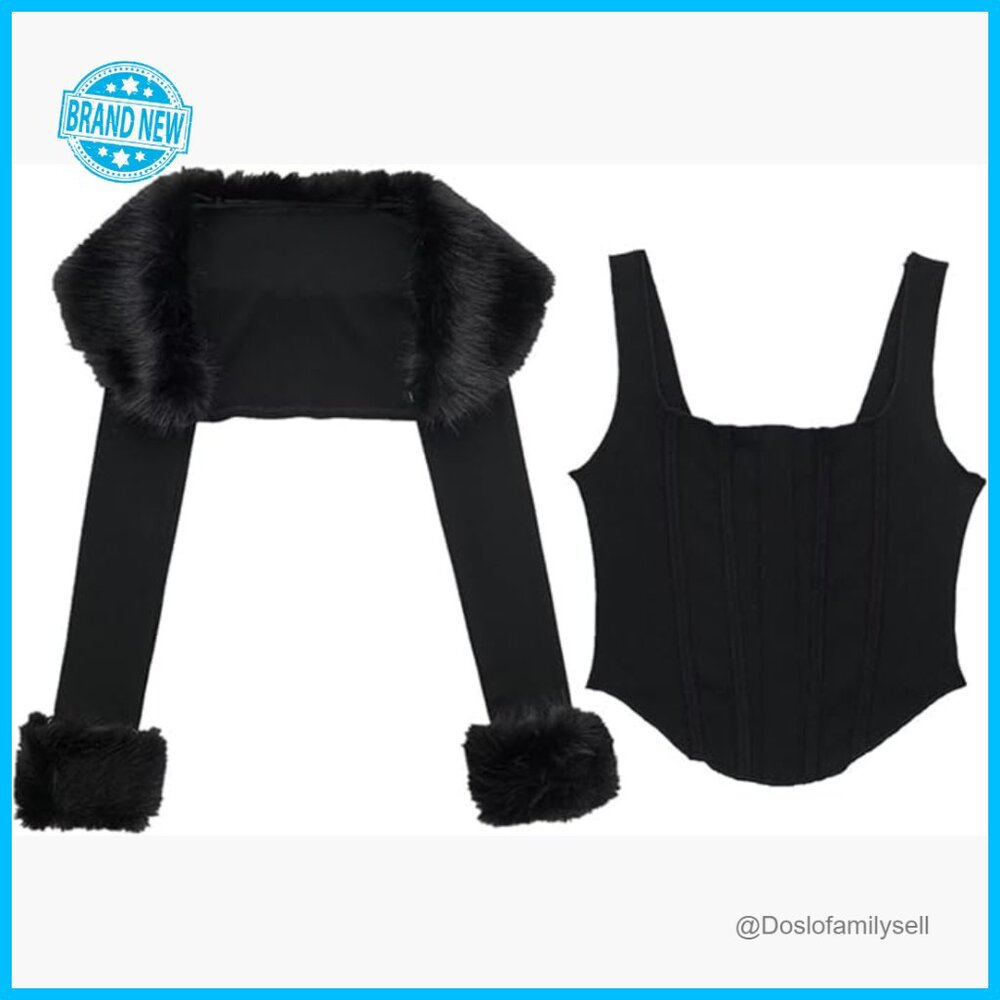 Two-Piece Set Faux Fur Trim Y2K Cardigan Crop Top Fluffy Bolero Sweater